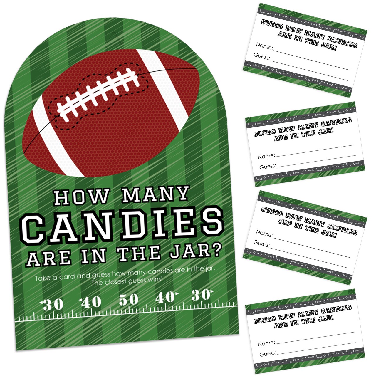 Big Dot of Happiness End Zone - Football - How Many Candies Baby Shower or Birthday Party Game - 1 Stand and 40 Cards - Candy Guessing Game